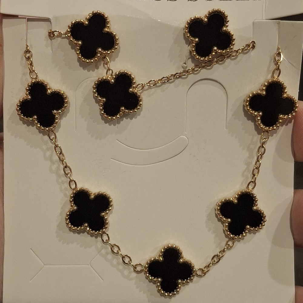 18K Gold Plated Black Alhambra Clover Motifs Set of Bracelet Earrings & Necklace